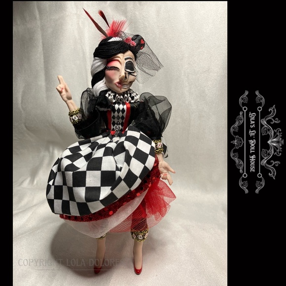 *SOLD* OOAK Gothic Harlequin Jester Skull Clown Doll Masquerade Puppet Baphomet - Picture 15 of 15